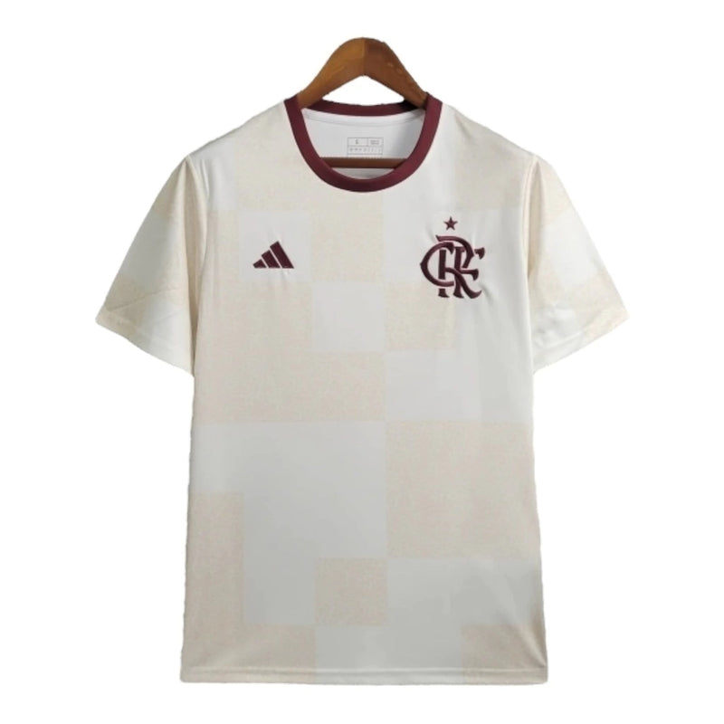 Camisa Flamengo Pré Jogo 2024 - Torcedor Adidas Masculina - Branca com detalhes em bege e vinho