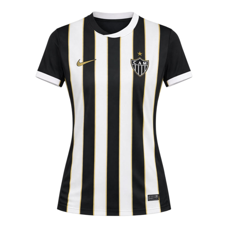 Camisa Atlético Mineiro I 26/27 - Torcedor Nike Feminina - Preta e branca com listras douradas