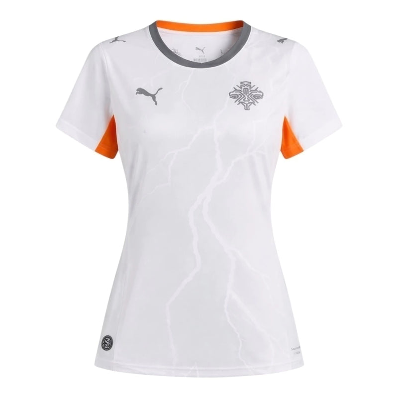 Camisa Seleção Islândia II 26/27 - Torcedor Puma Feminina - Branca com detalhes em cinza e laranja